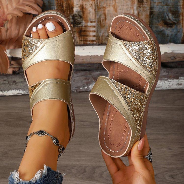 Women's Glitter Two Strap Wedge Sandals Open Toe Soft Sole Comfortable Walking Shoes for Summer Beach Vacation Casual Daily Wear