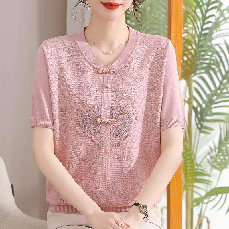 

Elegant Ice Silk Summer T-Shirt for Moms: Chic, Short-Sleeved Blouse for Women 50+ M 40-50 kg рожевий