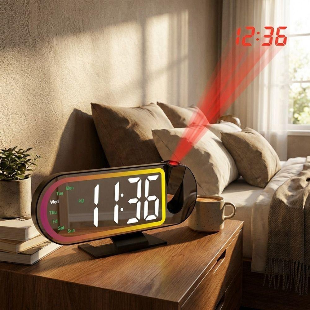 Large Screen Projection Alarm Clock Temperature Colorful Projection LED Projection Clock Clear Time Auto Dimming