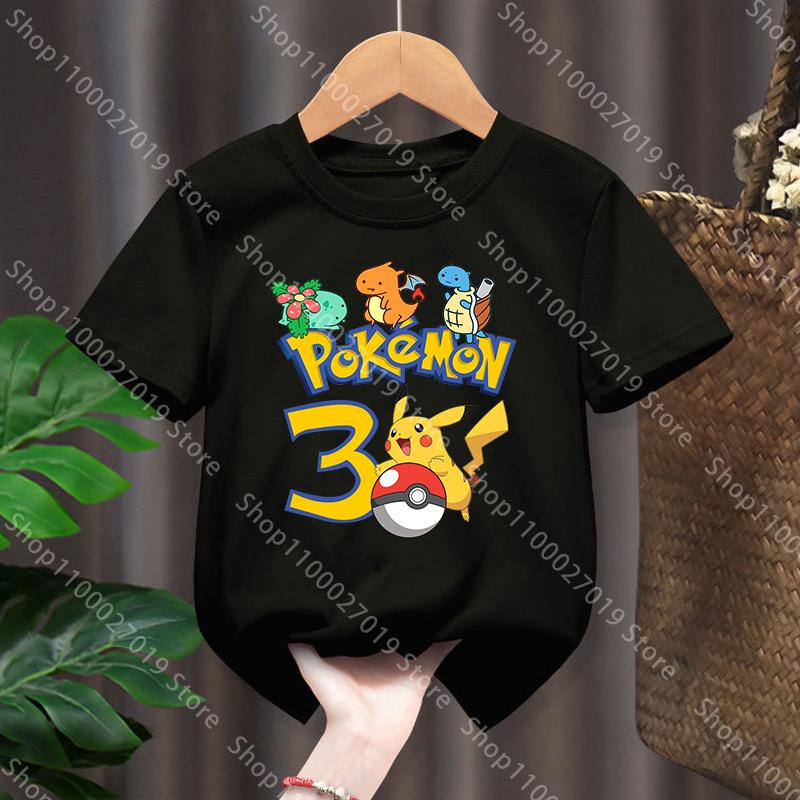 Black Tops Birthday Number T Shirt for Boys Girls Pokemons Pikachus Summer Student Clothes Cartoon Anime Short Sleeve Cute Gifts 100