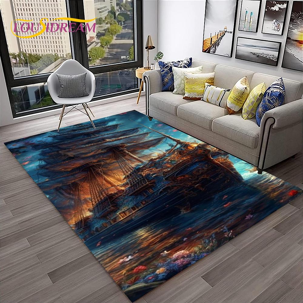 3D Pirate Ship Boat,Sailboat,Barque Carpet Rug for Home Living Room Bedroom Sofa Doormat Decor,kids Area Rug Non-slip Floor Mat