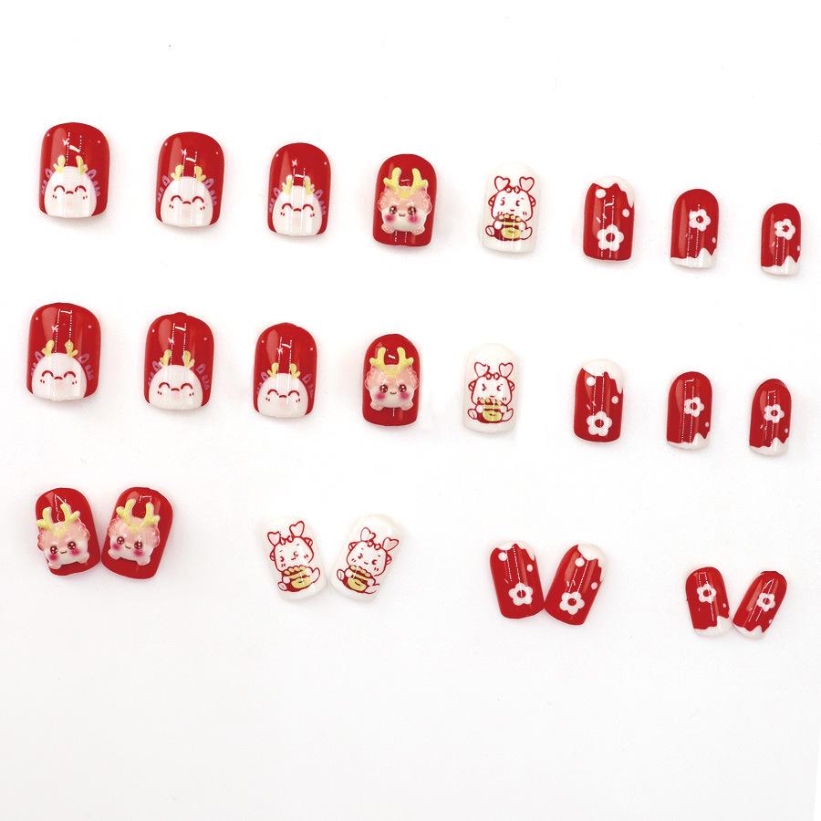 Festive Red Cartoon Dragon Nail Tips - Short Style Floral Design for Students