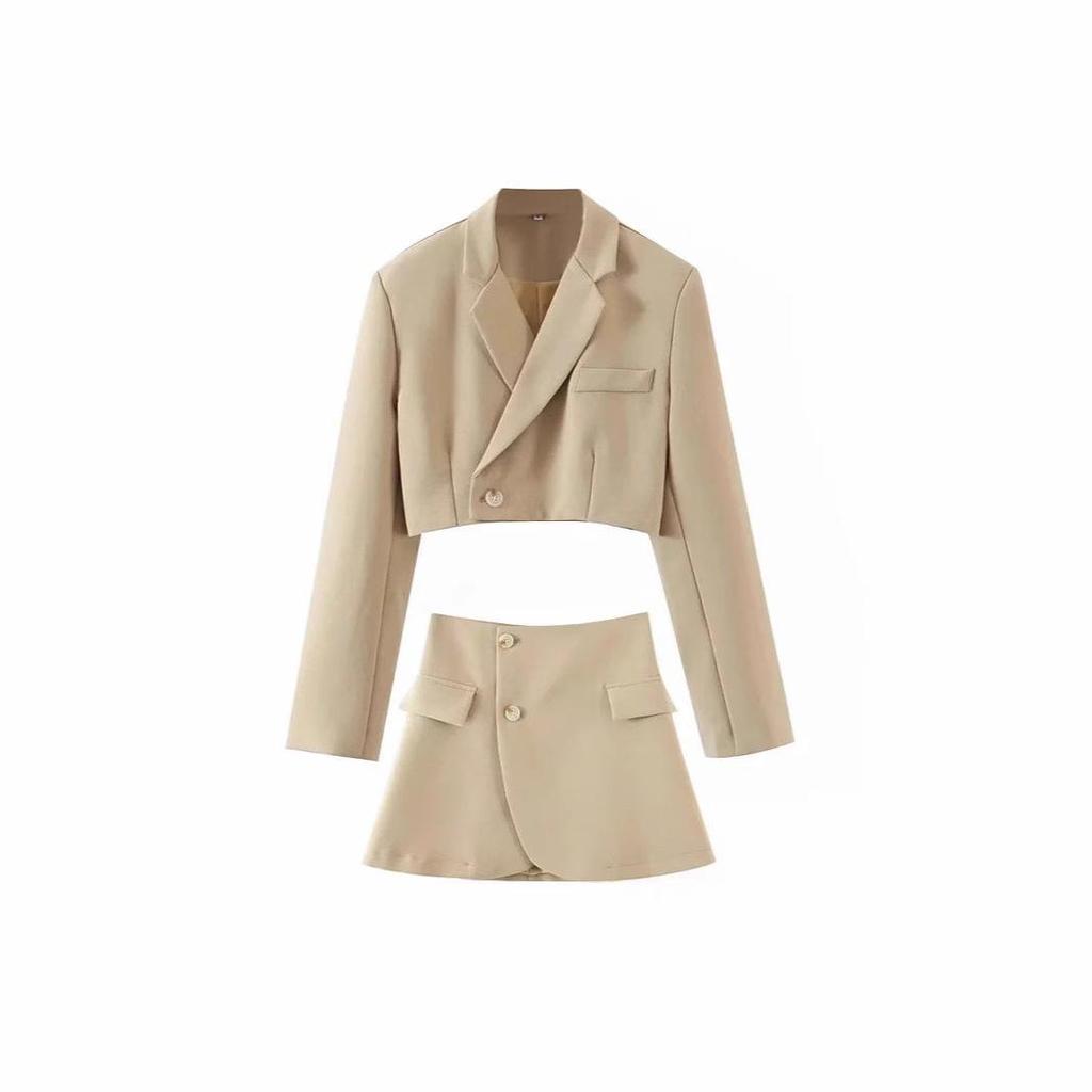 Women's Retro Street Style Suit Jacket & High-Waisted Irregular Midi Slim Skirt Set