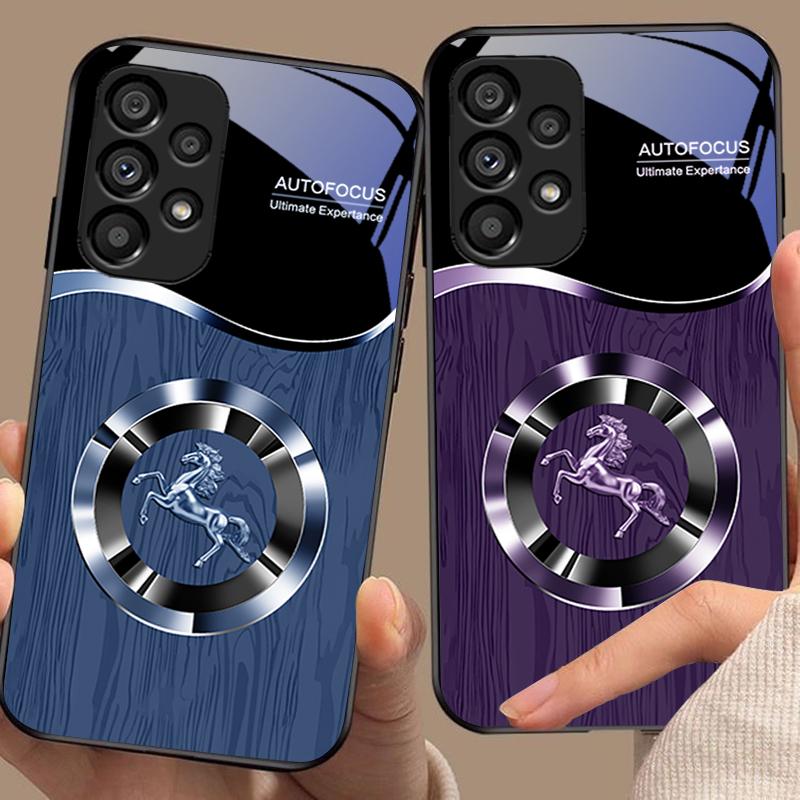 Holzmaserung Pferd Für Samsung Galaxy S 8 9 10 20 Plus 21 FE 22 23 24 Ultra S7 Edge Schwarz Gehärtetes Glas Handyhülle Hartschale