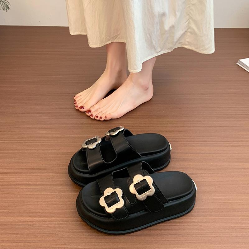 Muffin platform casual retro slippers women's shoes summer 2025 new double-breasted metal buckle fashion slippers