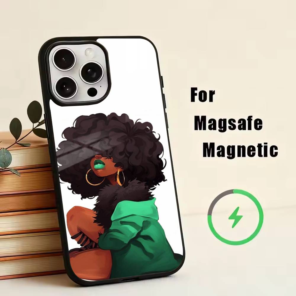 Cartoon Black Girl A-Afro Phone Case For iPhone17,16,15,14,13,12,11 Plus,Pro Magnetic with Magsafe Wireless Charging
