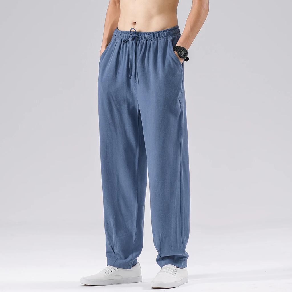2026 Summer Men Chinese Style Linen Pants Men Solid Color Cotton Harem Pants Male Loose Straight Elastic Waist Joggers Trousers
