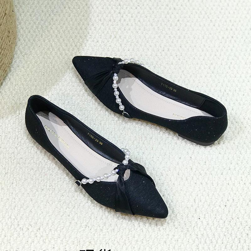 Huiliya French single shoes women's summer new temperament pointed flat bottom small fragrant wind shallow mouth pearl ladyshoes 23503