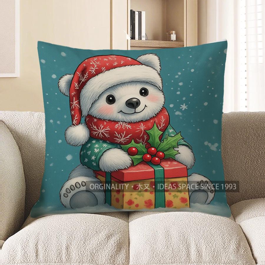 Home Decor Cute Polar Bear With Gift Christmas Pillow Pattern Cushion Cover Suitable For Sofa Bedroom Car Pillow Cover