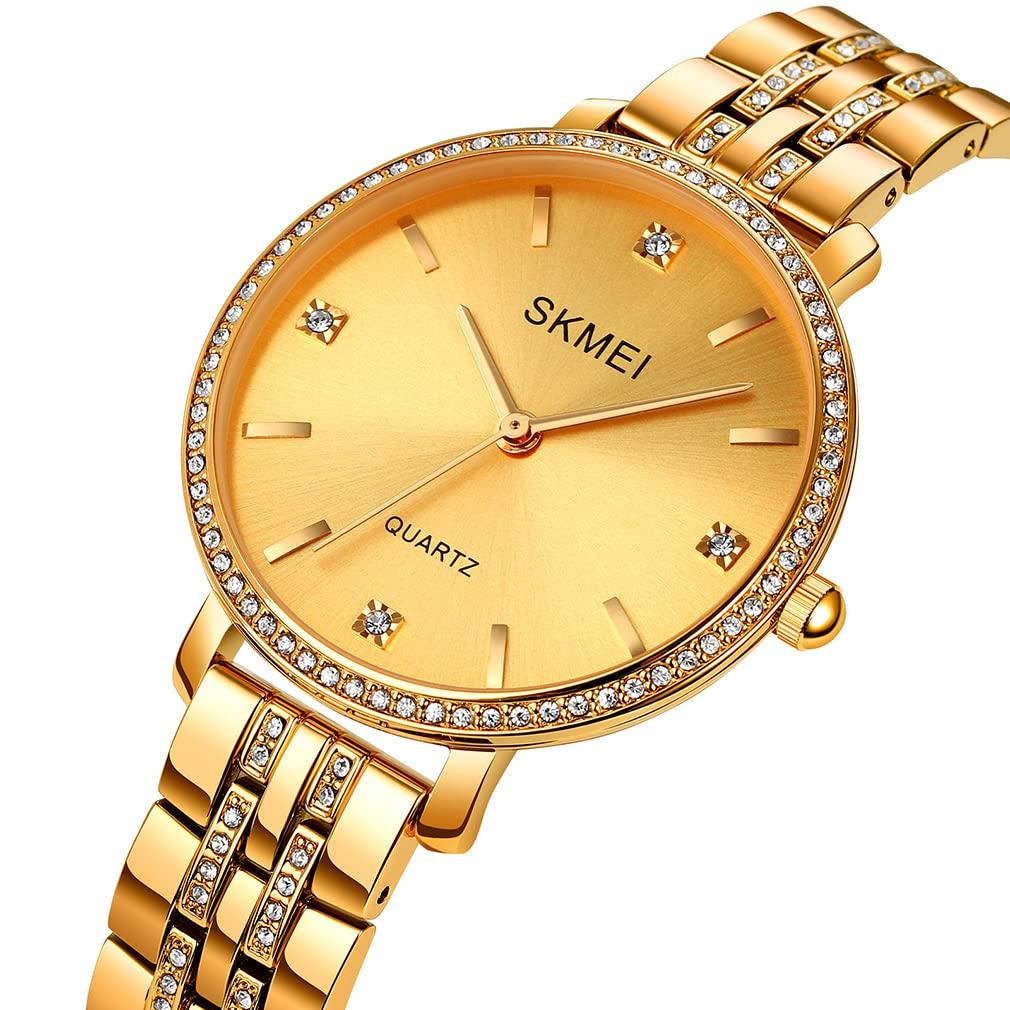 Simple and stylish wristwatch with classic and large gold quartz stainless perfect for business or as a luxury women's diamonds, design, accents.
