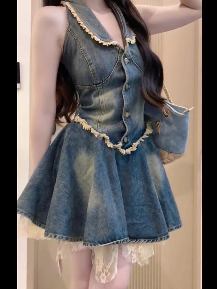 Plus Size Retro Hot Girl Halter Neck Dress - Summer Denim Frayed Edge Skirt