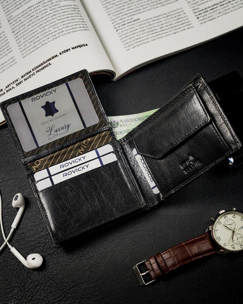 Compact black wallet made of high-quality genuine leather with RFID protection - Rovicky