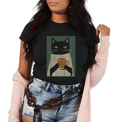 Fun Cat Tea Printed Tshirt Casual Short Sleeved Round Neck Top Versatile Womens Tshirt Suitable for All Seasons