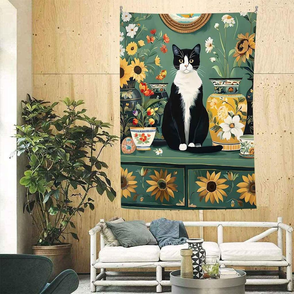 Cute Tapestry Cat Floral Sage Green Vase Girly Tapestry Aesthetic Wall Art Decor Black White Cat Flowers Plant Picture Vintage
