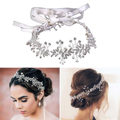 Γυναικεία ρετρό στρας Flower Leaf Headband Faux Pearl Ribbon Hairband Αξεσουάρ για τα μαλλιά νυφικός γάμος