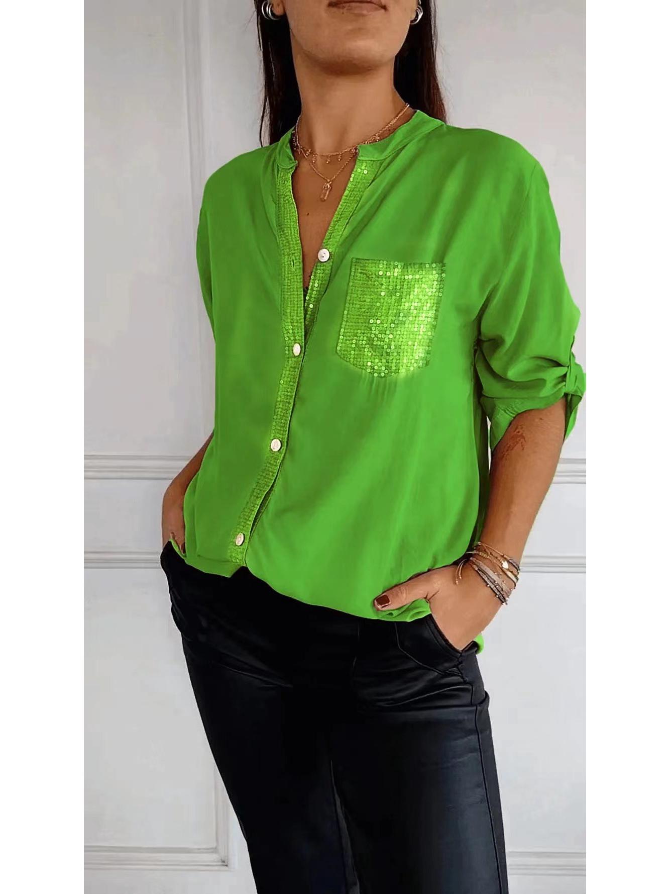 2026 Cross-Border Sequin Fashion Women s Slim Fit Shirt S светло-зеленый