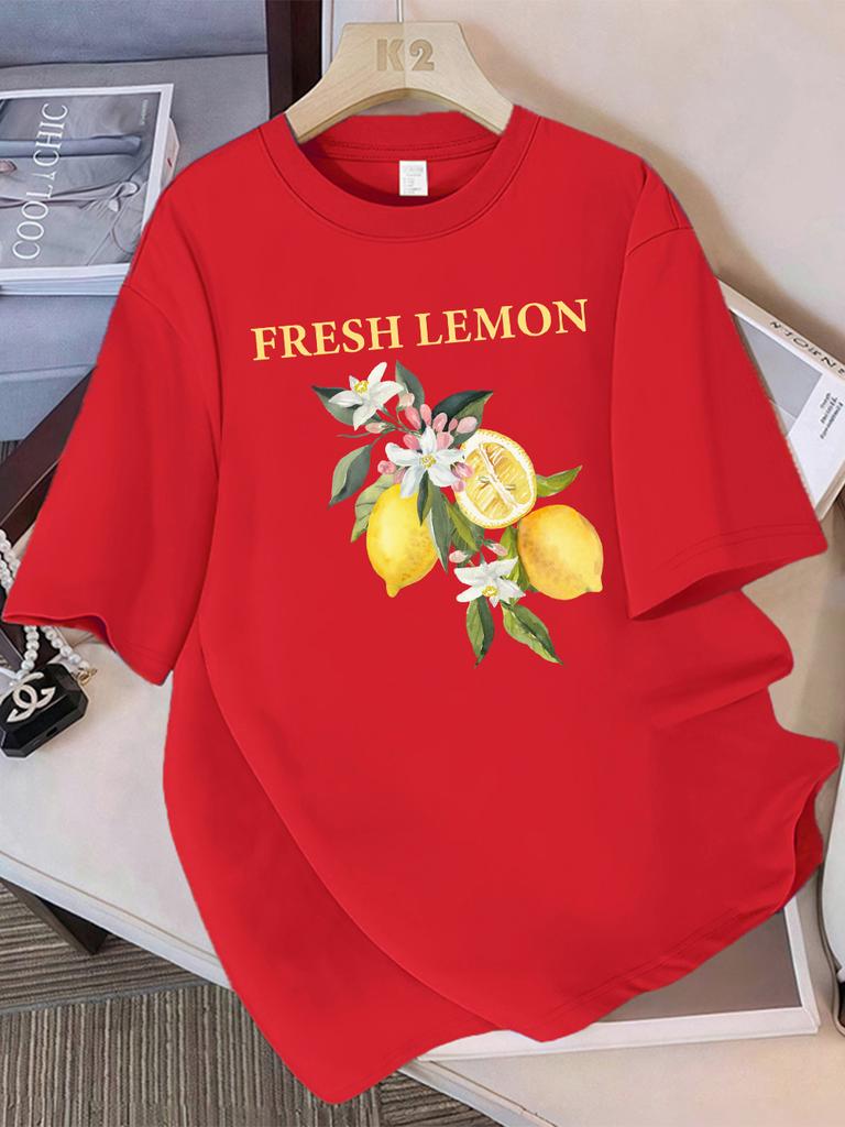 100 Cotton Summer TShirts Womens Fresh Lemon Flowers Printing Tops Comfortable Soft ONeck Short Sleeve Casual Womans Clothes