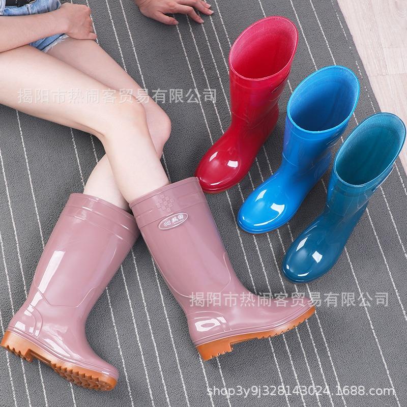 High tube women's rain shoes, blue women's rubber shoes, red waterproof shoes, long tube water shoes, Oxford sole rain boots, non-slip water boots.