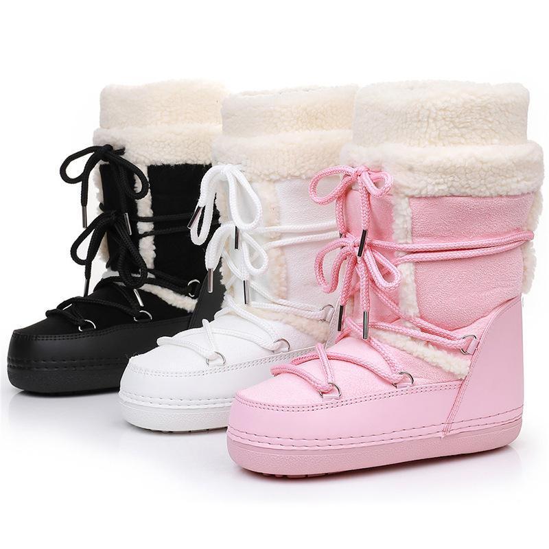 Fashion Winter Fluffy Women's Snow Boots Outdoor Faux Fur Cotton Boots Waterproof Middle Calf Platform Shoes Female Ski Boots