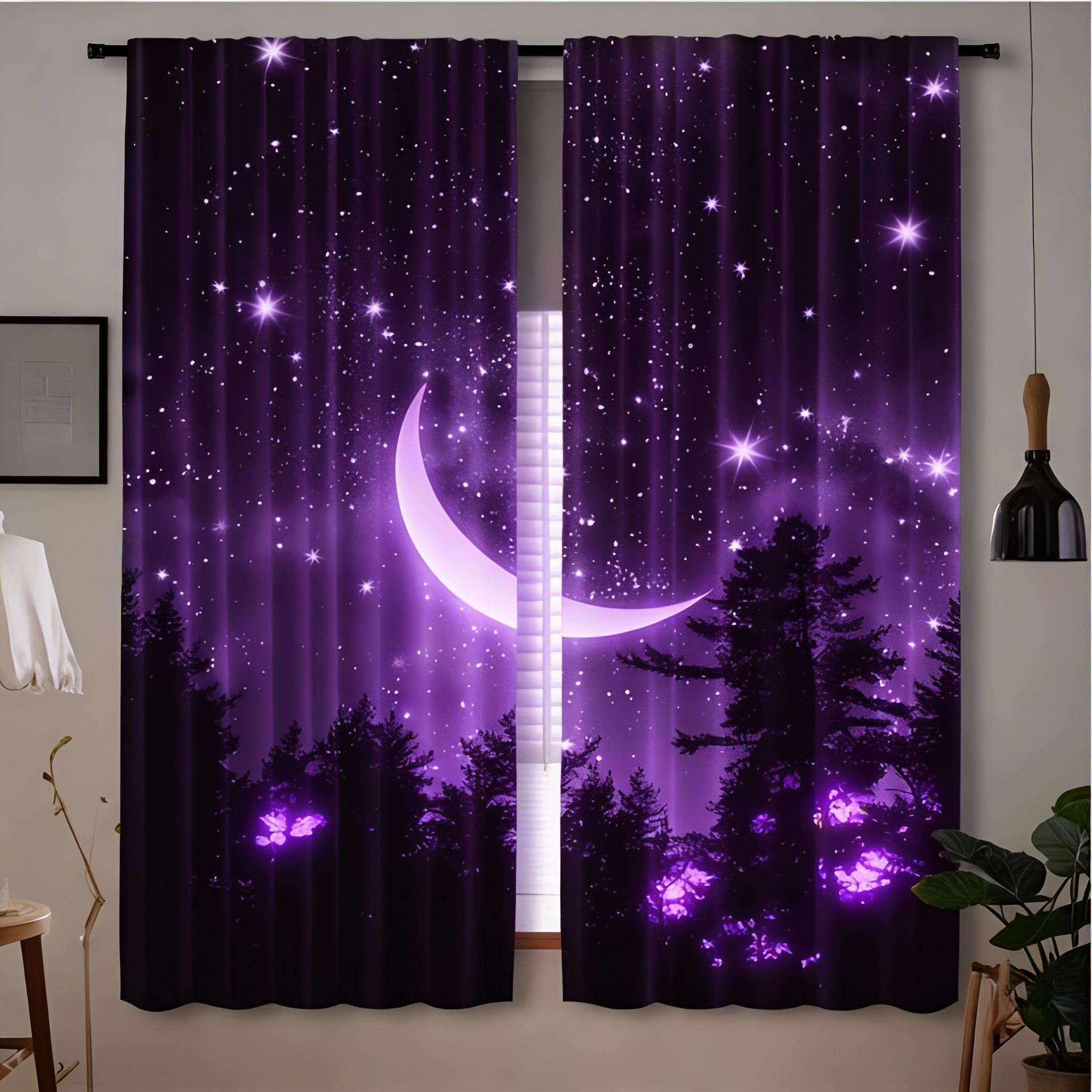 2Pcs Forest Starry Sky Moon Night Curta - Black Rod Pocket Window With Crescent Moon & Starry Sky Design, Perfect For Bedroom 53x116cm 2pc21x46in&Without mount