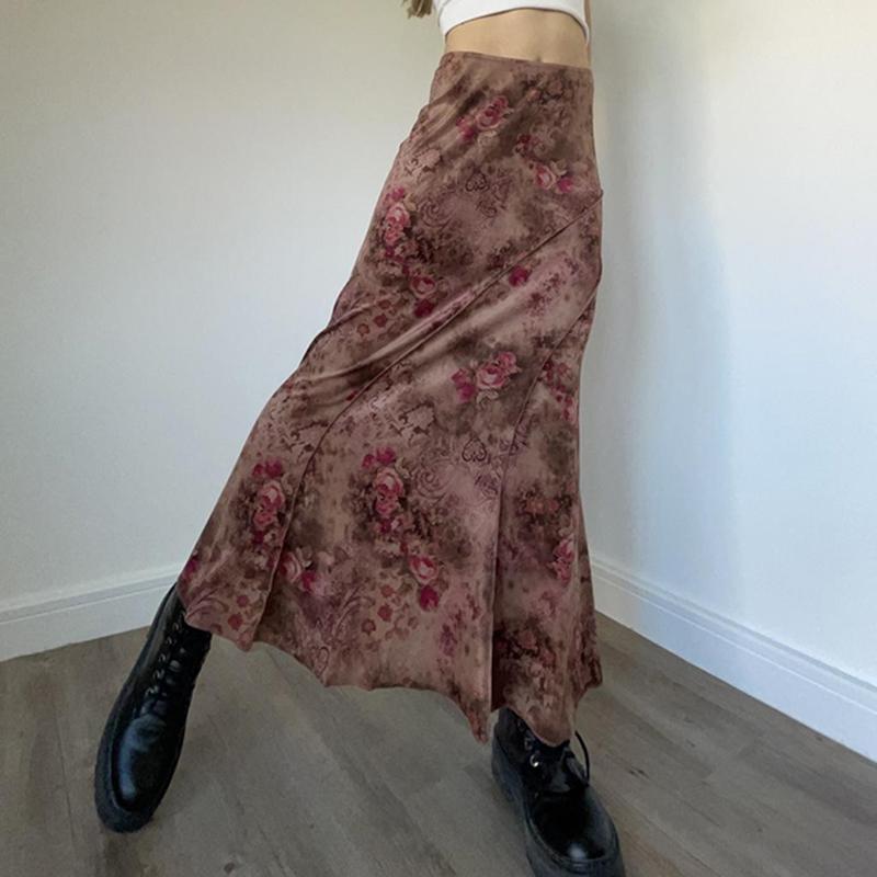 

Винтажная юбка-трапеция с цветочным принтом, женская складная элегантная модная макси-юбка 2000-х годов, праздничный стиль, эстетичная одежда Y2K