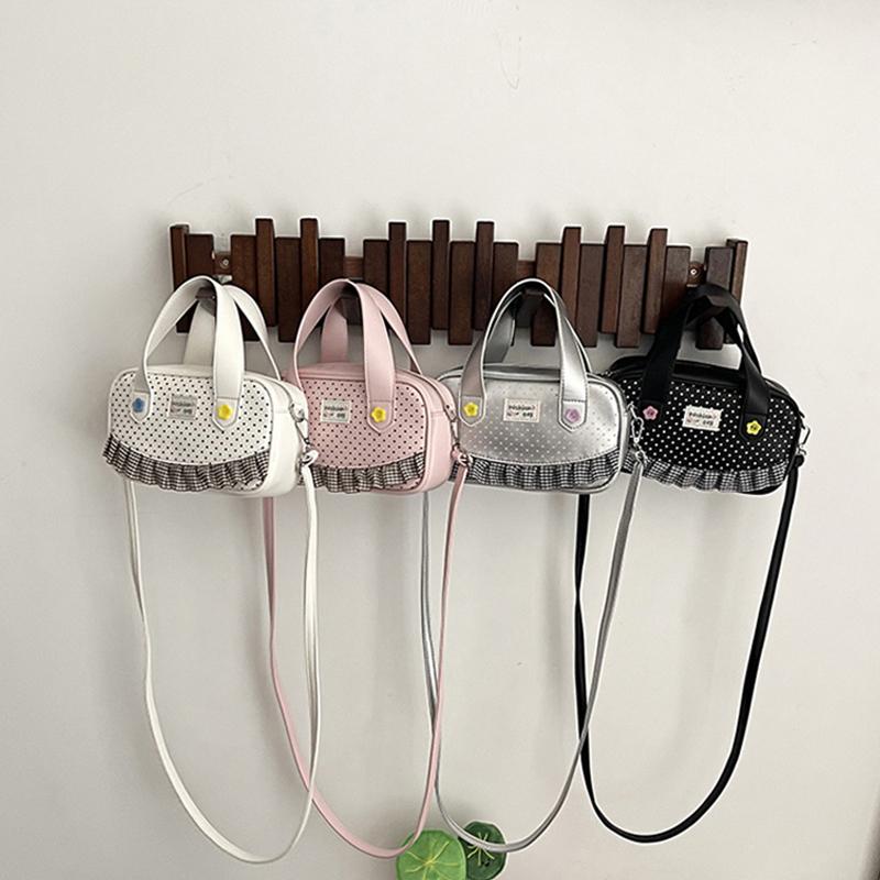 Mini- Bowlingtasche mit Pünktchenmuster und Vichy-Rüschenbesatz Niedliche Blumenverzierung Vielseitiger oberer Griff und Umhängetasche Süße Tasche für Pendler