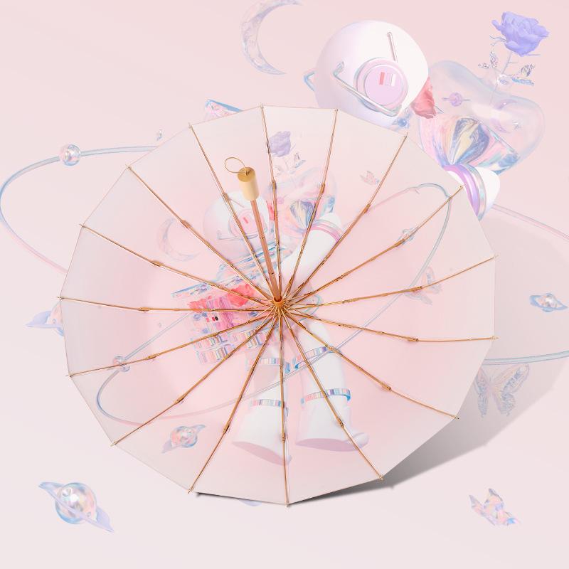 New three-fold 16-bone hand open color glue umbrella solid wood handle parasol sun umbrella