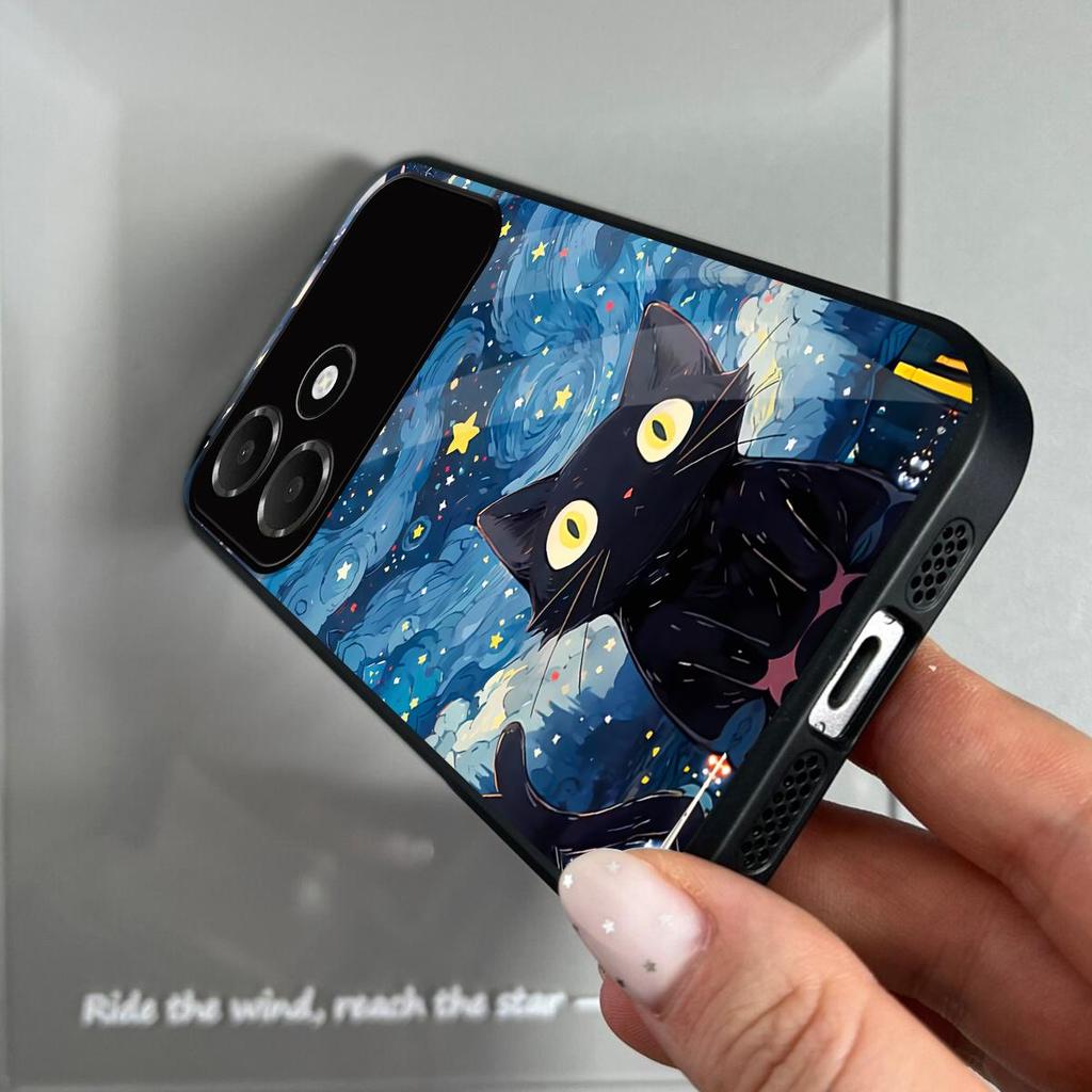 Case for OPPO A6c Anime Black Cat Starry Cloud Print Phone Cover Acrylic Hard Back Shell With Flexible TPU Edge