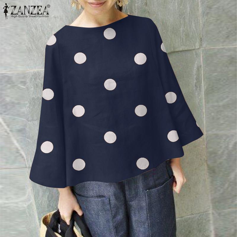 

ZANZEA Женская повседневная блузка с длинным рукавом и круглым вырезом в горошек M красный