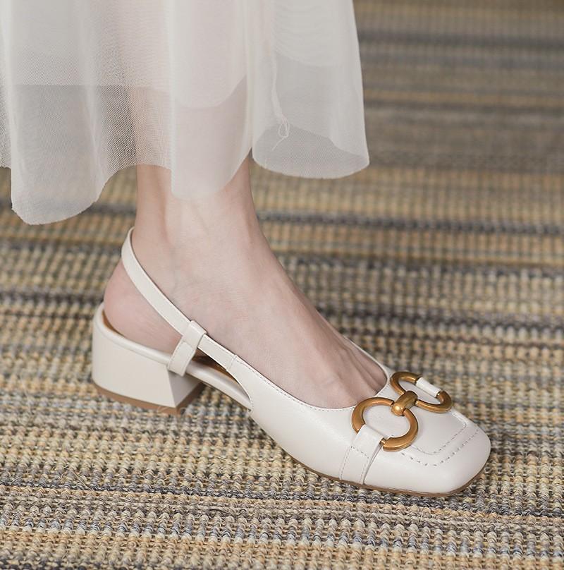 Retro French horse buckle soft leather bag head sandals women's summer middle heel soft sole comfortable square head rear empty thick heel single sh