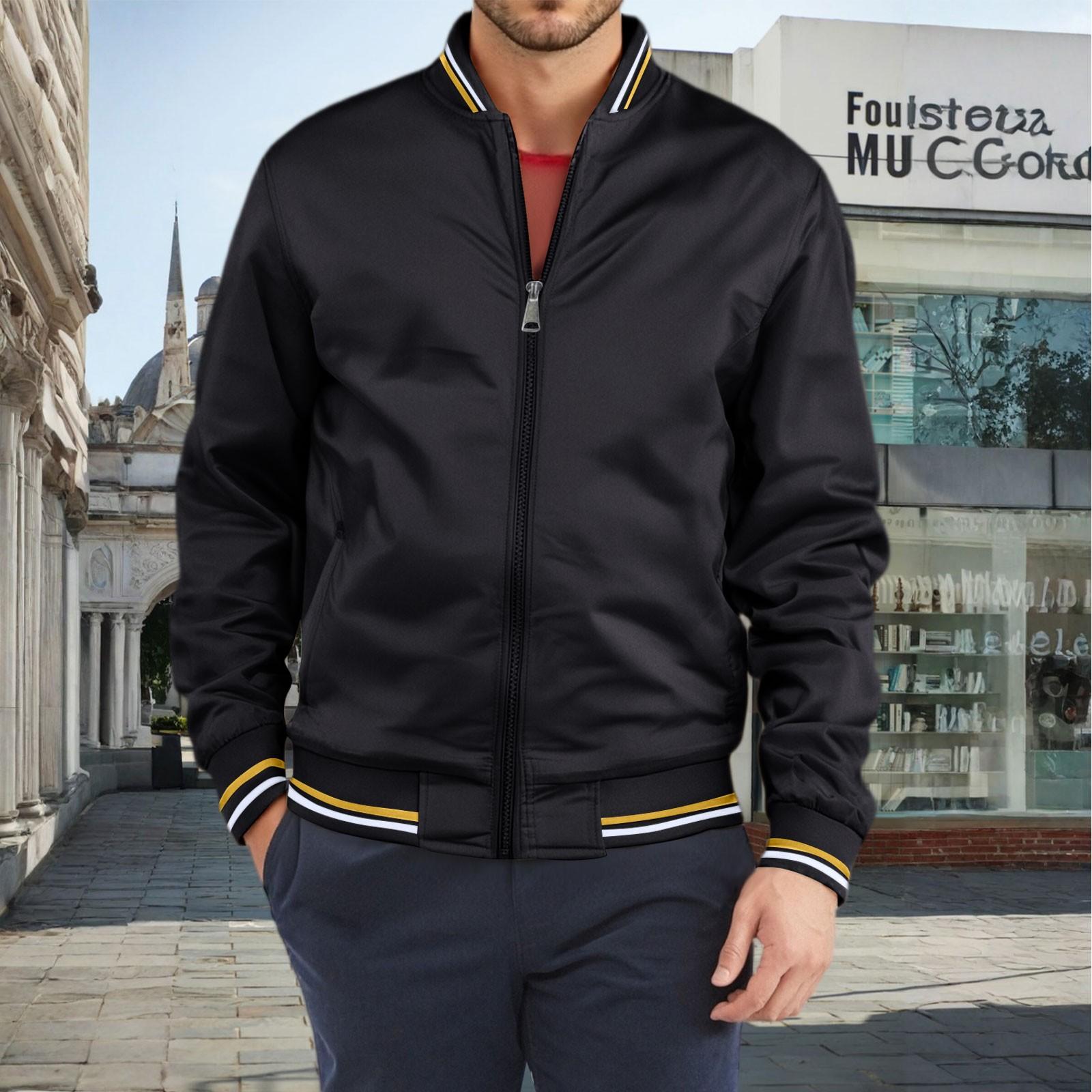 Men s Premium Cotton Vintage Stand Collar Zippered Color Loose-Fit Jacket - Flight & Baseball XXXL чёрный