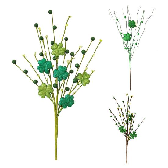St. Patrick's Day Artificial Shamrock Plant Picks Glitter Four Leaf Clover Berries Stems for Flower Arrangements Irish Vase Home Table Centerpiece