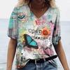 Summer Women's T-Shirt Vintage Casual Fashion V Neck Pullover Short Sleeve 3D Butterfly Print Loose Daily Tops Design Clothing