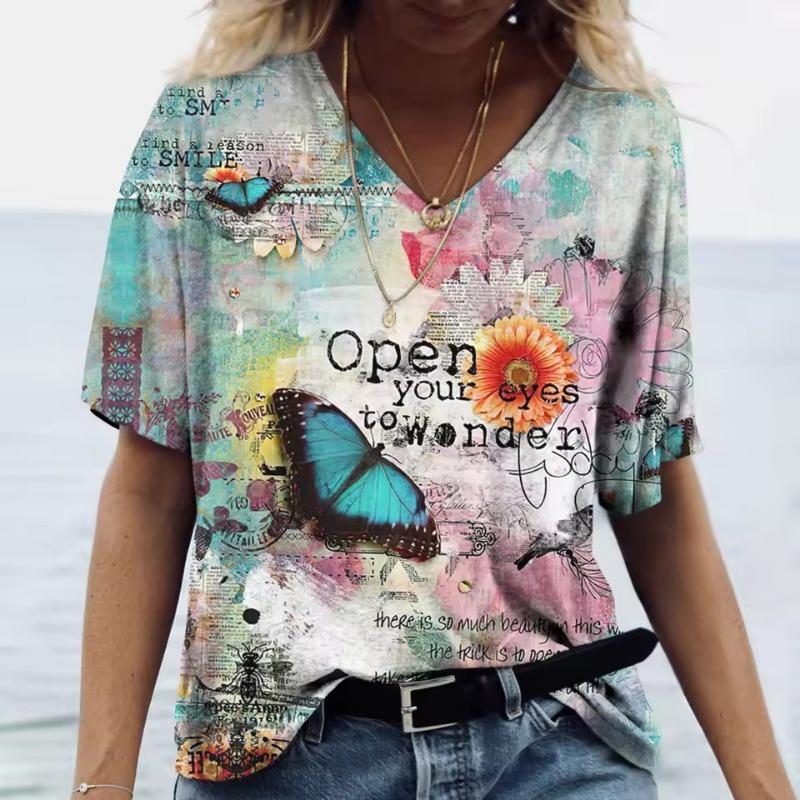 Summer Women's T-Shirt Vintage Casual Fashion V Neck Pullover Short Sleeve 3D Butterfly Print Loose Daily Tops Design Clothing