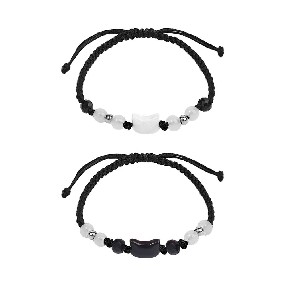 2 pulseras de obsidiana y piedra lunar natural para parejas, pulseras minimalistas hechas a mano, pulseras con un lindo gato blanco y negro, joyería para fiestas, regalos