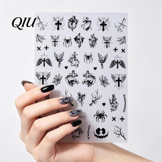Self Adhesive Nail Decorations Halloween Art Stickers, 3D Embossed Skeleton Hand Pumpkin Bat DIY Home Manicure Tools Black Decals,