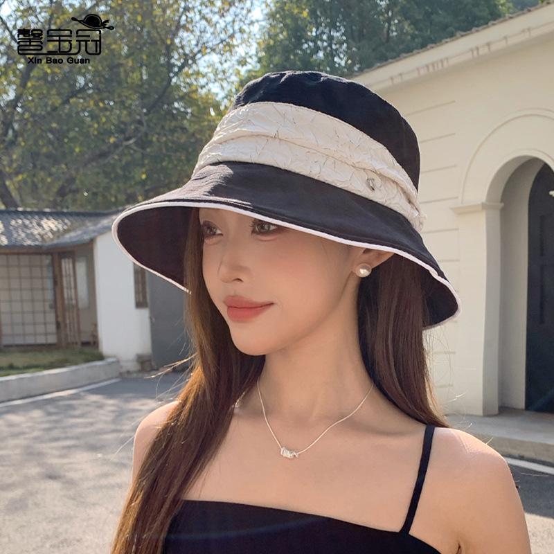 Spring and Summer Hat Women's High-end Sense Color Matching Pleated Bucket Hat Versatile Fashion Sunscreen Sunshade Basin Hat