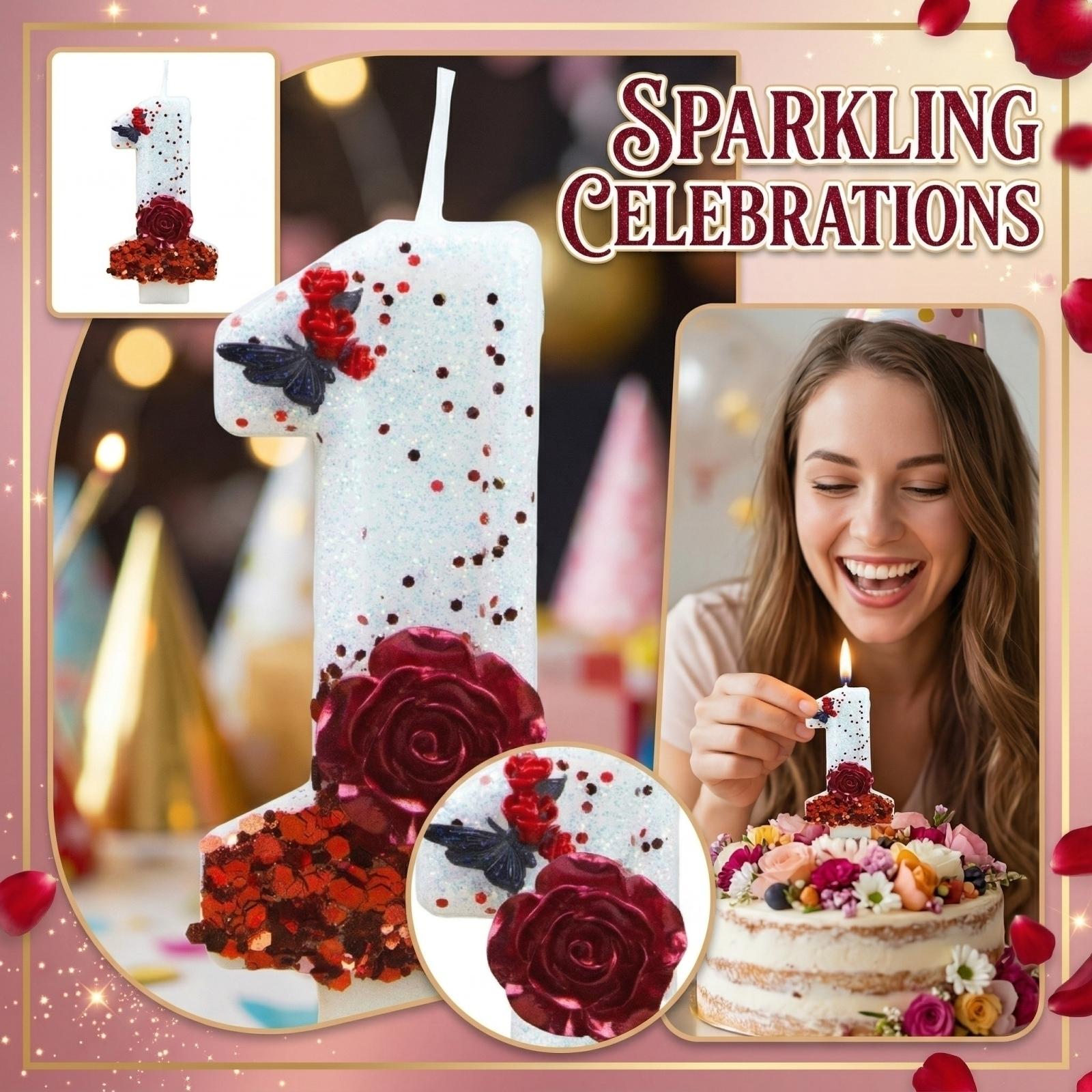 

Number One Decorative Candle with Glitter Rose Design for Birthday Celebration Party Cake Topper Ornament one size