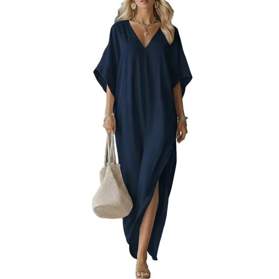 Damen Baumwolle Leinen Langes Kleid Fledermaus Kurzarm V-Ausschnitt Tunika Kleid Sommer Hoher Schlitz Fließendes Strand-Sonnenkleid