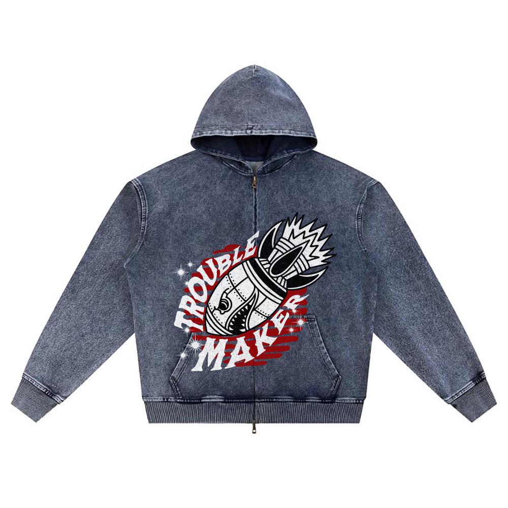 

DTG print Knitted Denim Zip-Up Hoodie Trouble Maker Brother Print Zipper Hoodies XL темно-синий