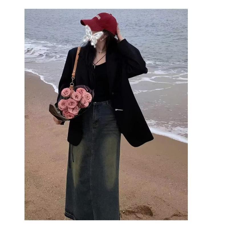 Spring 2025 High Waisted Distressed Denim Midi Skirt - Retro A-Line Design