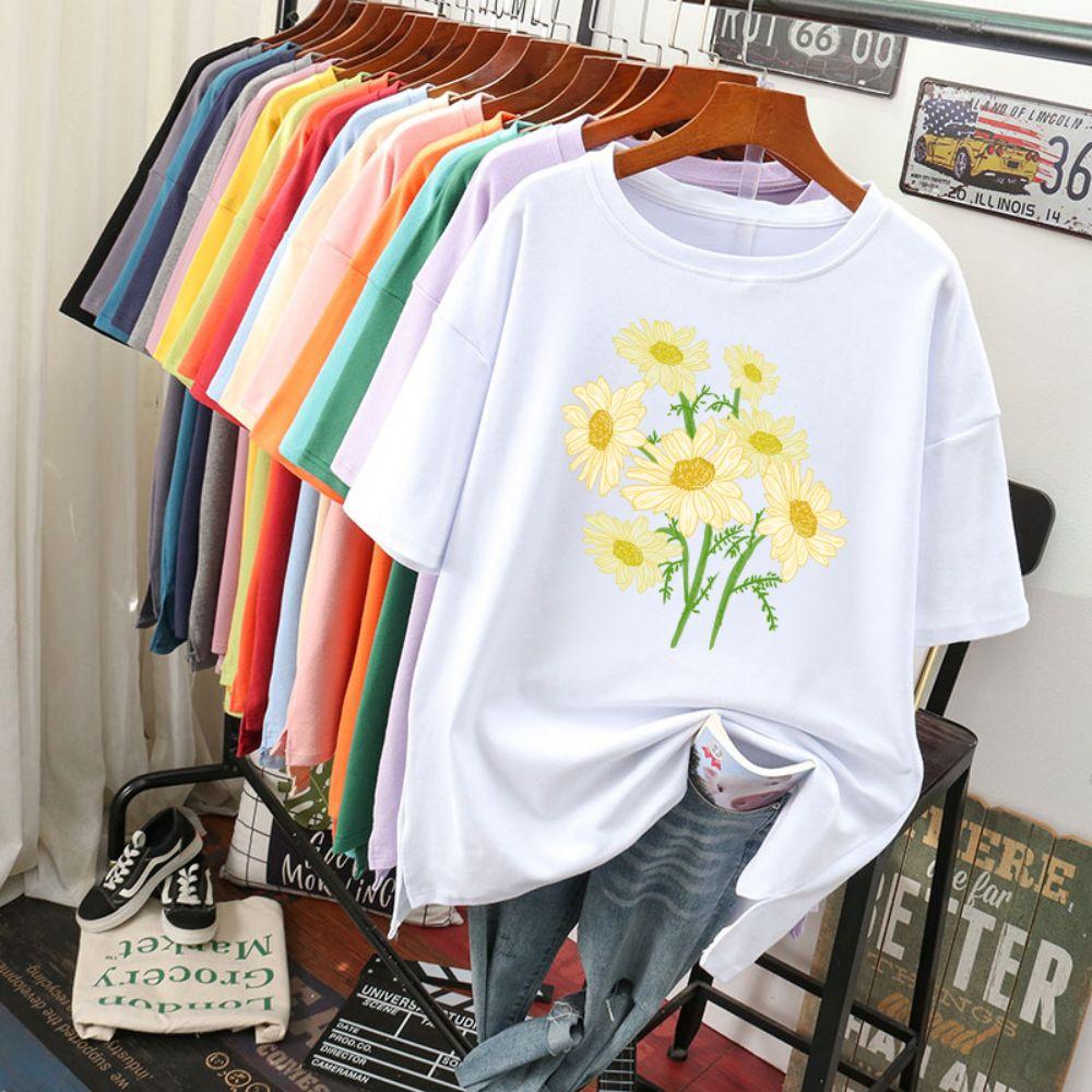 Street Baumwolle Damen T-Shirts Frisch Harajuku Gelbe Chrysanthemenblumen Drucke Oberteile Locker Rundhals Weiche T-Shirts Damenbekleidung