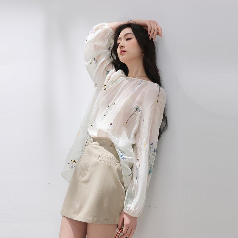 SanCai Lyocell Embroidered Loose Long Sleeve Blouse