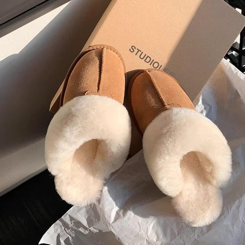Fur integrated snow boots 2025 autumn and winter new flat-bottomed fluffy slippers women's home velvet bag head half-drag cotton shoes