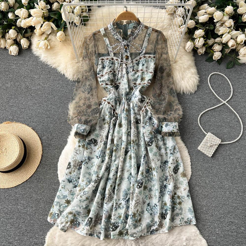 

Новое осеннее платье феи средней длины в стиле ретро с сетчатым кружевным принтом и цветочным принтом