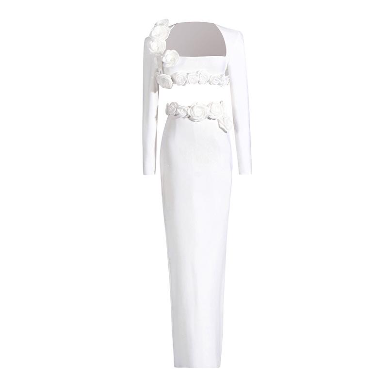 Elegant European & American Floral Long-Sleeve Top and Slit Skirt Set - Sexy Independent Design for Women