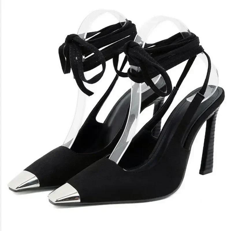 Fashion Metal Decorative Sexy Pointed Toe High Heels Women Ankle Strap Suede Women Pumps Summer Elegant Heeled Sandals Tacones Mujer