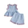 Toddler Girls Sleeveless Top and Shorts Set Gingham Pattern Embroidered Flag Detail Summer Outfit Lightweight Breathable Fabric
