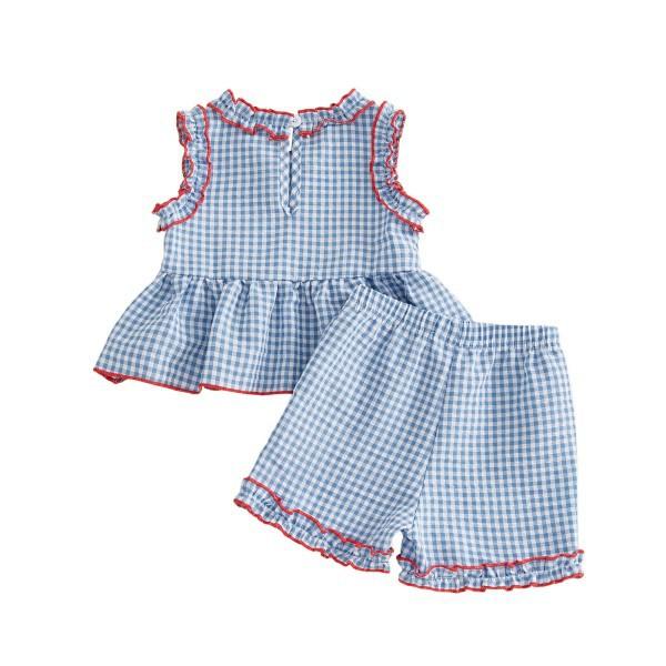 Toddler Girls Sleeveless Top and Shorts Set Gingham Pattern Embroidered Flag Detail Summer Outfit Lightweight Breathable Fabric