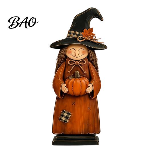 Charming Witch Decor for Autumn Parties Wooden Ornament, Retro Halloween Figurine with Broom/Pumpkin/Black Detailed Carving Cat, Creative Tabletop